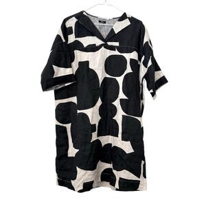 Monoprix Premium 100% Linen French Short Sleeve Tunic Black White Dress Small